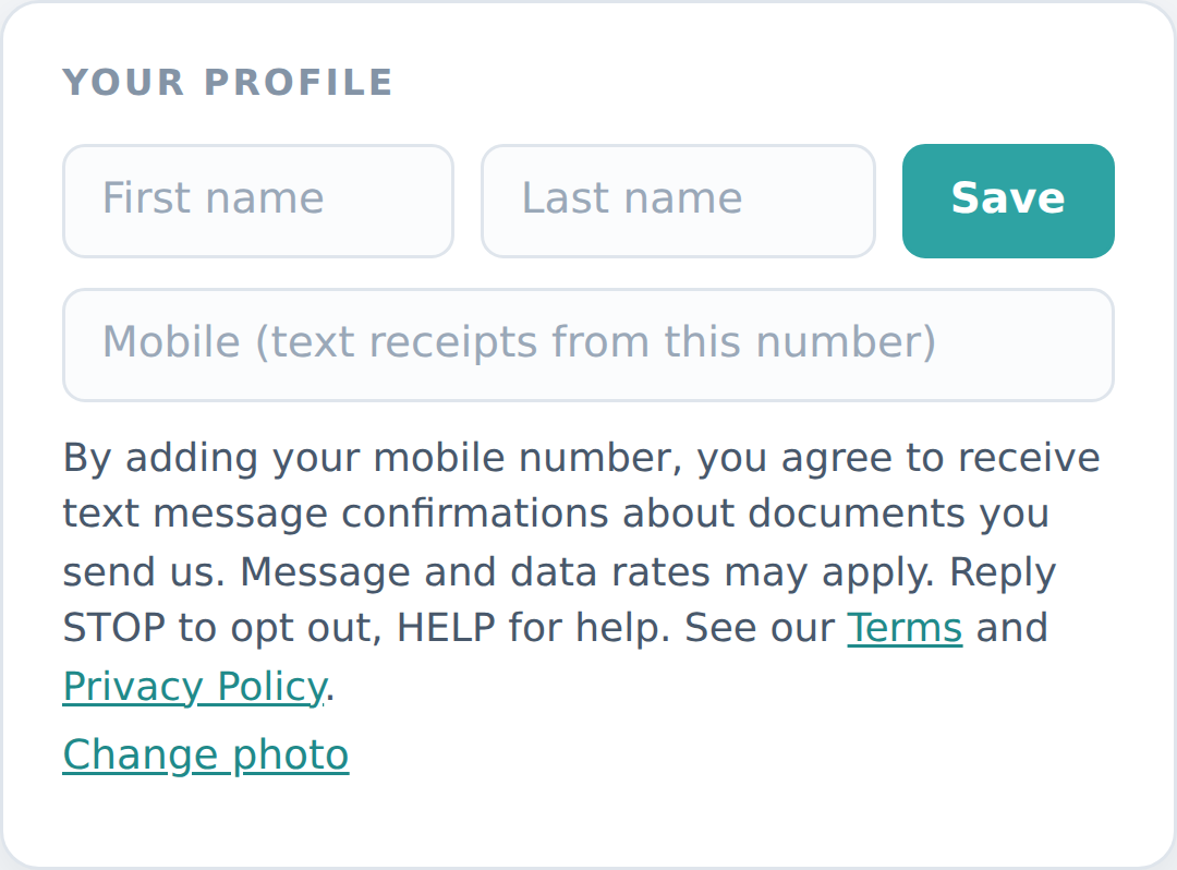 The Caytava profile screen: an optional, empty mobile number field with the SMS consent disclosure directly beneath it